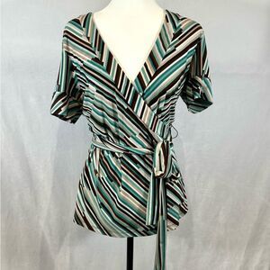 BCBGMaxAzria aqua and mocha geo print faux wrap top size large